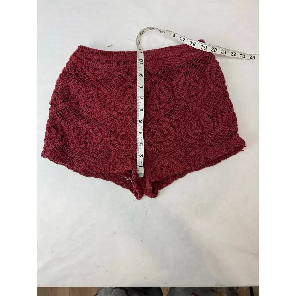 Boho Zara Crochet Shorts Burgundy Red High Waisted Cottagecore Hot Pants Medium